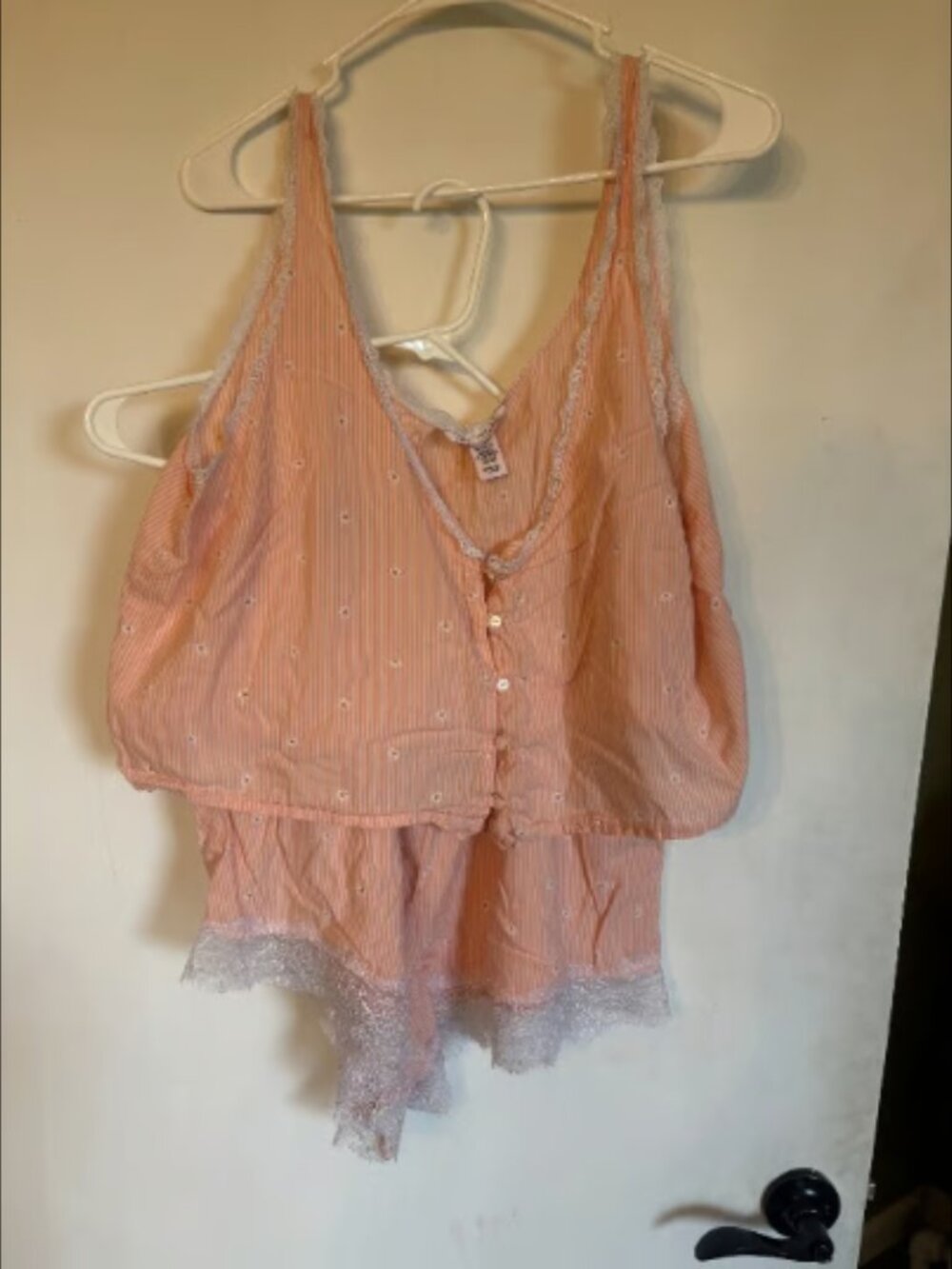 Victoria Secret Women's Pink Striped Lace Pajama Set